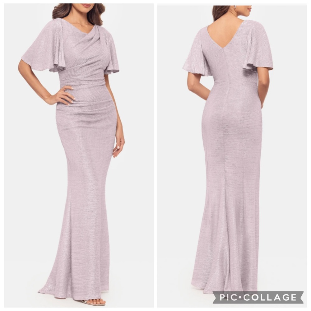 Betsy & Adam Quicksilver Flutter Sleeve Trumpet Gown Pink Silver 14‎